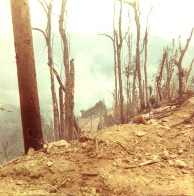 Downed Chinook
Lt. Mike Sprayberry photo provided by Bob Witt

Chinook is at the base of LZ Tiger April 1968.
It was shot down on 19 April 1968 during the initial assault into the A Shau. It came down over the top of Mike Dubberly (AC) and Bob Witt (CP) while they were picking up a shot down C model crew from D/227 in the valley at the base of LZ Tiger. Mike received the Silver Star.
