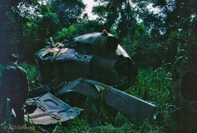 Crash north of Golf Course
John Keller Photo

UH-1D # 63-08751, crash north of the Golf Course, An Khe, CPT Roberts, 1LT Jones, September 15, 1966

