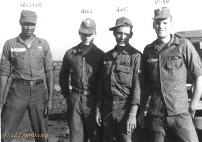 Crew Chiefs in the Fourth Platoon
Milo (Mike) Schlaudraff Photo

Crew Chiefs with the Fourth Platoon
Left to Right:
    Willie, Bill, Joe & Vern
I cannot remember their last names.
