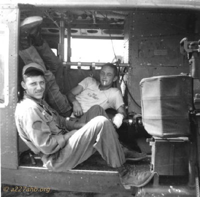 Chuck Stevens & Mike Schlaudraff
Milo (Mike) Schlaudraff Photo

Crew Chiefs Chuck Stevens and Mike Schlaudraff taking a break in #964.

