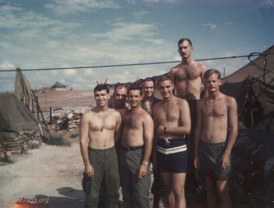 Left to Right:  Dave Hughins, Larry Hirschi, Bill Wiggins, Steven Young, Jim Caufman, Bob Collins, Dave Heald
Bert Williams Photo
Camp Evans
