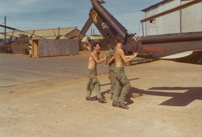 Steve
Steve Lachiondo Photo

Steve Lachiondo on left
Hutch 2nd gunner if I recall in center.
This is in front of the 604th Transportation Company hanger
