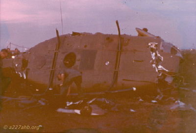 Remains of 083
Ed Barry Photo

I was in A/227 from June of 71 until I was evac'd from the crash of 083
in Feb. 72. 
