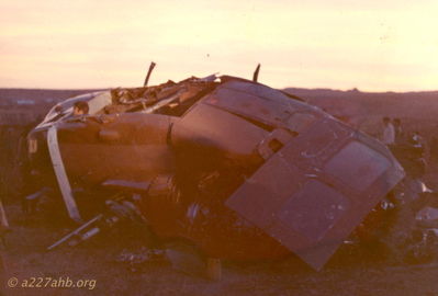 083Crash
Ed Barry Photo

I was in A/227 from June of 71 until I was evac'd from the crash of 083
in Feb. 72. 
