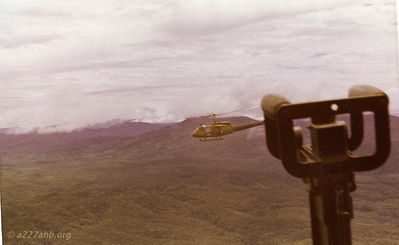 PX Run
Larry "Sonny" Buchanan Photo

Photo taken in 1971 in the air near Camp Holloway/Pleiku on a PX run. I think there were 4 Birds in the formation


