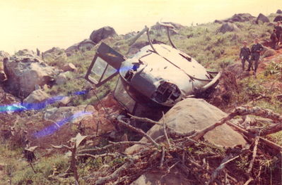Chrash Site,  16 March 68, Nui Ba Den  (CREW - Lucas, Jones, Chrisman, Davis) 
Steve Chrisman Photo

I was the crew chief on board 806 when we attempted a rotor blade first landing.


