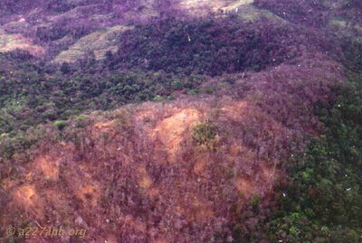 Crash site 4 klicks west of LZ Barbara
Howard Burbank Photo

Nick Johnson and I crashed on this hilltop west of LZ Barbara in the fall of 1968 after being shot up in a resupply mission in the valley below.

