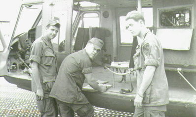 Lai Khe Flight Line
Wayne Trucke Photo

 Left to Right identified by Allen Russell:
   WOI Gerry Ventrella, WO1 Tim Hope, Mike Scovill 

