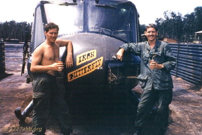 65-09949 "Iron Butterfly"
http://www.vietnam.ttu.edu/virtualarchive/

Photo from the Maury William Hearne collection in the Virtual Vietnam Archive at Texas Tech University

WO-1 Maury W. Hearne on right at Lai Khe 1969
Jim Lietzan, Crew Chief Identified on the left by gunner Jeff Harkness.

Keywords: nose art
