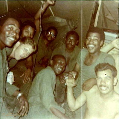 Left to Right: Ivy, Scovel, unknown, Polk, Dimp, Leonard, Ramirez and unknown
David Priest Photo

Lai Khe 1969
Can anyone help with first names or home towns?
Please send that information to the web site or contact David Priest or Joe Leonard by email.

