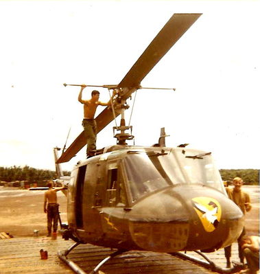 Dwayne Guidry inspecting main rotor.
Dwayne Guidry Photo

Lai Khe 1970 - 1971
Keywords: nose art