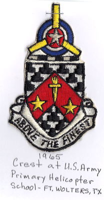 Wonder how many of these crests are out there?
Photo by John Keller

Fifty years old this past May. Got it at Ft. Wolters when I arrived on May 26, 1965.

