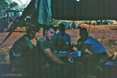 Officers of 1st Flight Platoon
John Keller Photo

1st Flight Platoon Officers, November 1966 at LZ Oasis.

Left to right: 1LT Bob Wright, 1LT Bill Pearson, WO1 William Robertson, CPT Irvin Hutton


