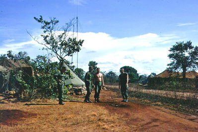 Pitching Horseshoes
John Keller Photo

LZ Oasis, December 1966, Pitching horseshoes.

Left to right: Unknown CW2, CW2 Clark Ward, WO1 Bob Forrest, 1ST Mike Jones.

