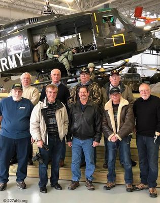 50 Year Anniversary 
The occasion for this get together was the 50th Anniversary of an incident on Dec 8th, 1967 near Phan Thiet Vietnam. The two men in the back row center Steve Davidson, and Jerry Bonham were shot down in a hill top landing zone, and spent the night engaged in a heavy firefight. Steve provided essential life saving medical care to Jerry. Our Wounded Warrior Hero on the bottom right Herschel Ryan and our departed buddy Neal Heape rescued the crew the next morning. The rest of the men shown, Chuck Bell, Clyde French, Rod Estrada, Mike Dubberly, Joe Zigler, Al Scotty Collgan, participated all night in combat assault support for the crew and troops engaged against a numerically superior and heavily armed entrenched enemy. The issue was resolved by close air support, artillery, napalm, and the guts and bravery and leadership of the 1CAV infantry. 

Clyde French Photo
