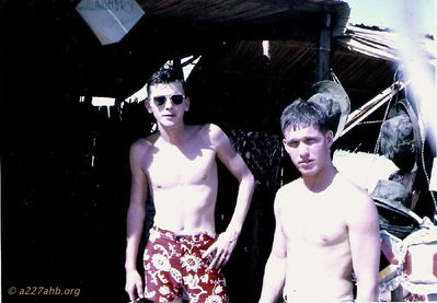 Chuck Bell & Ralph Bowen
Photo taken by Hershal Ryan (?)

Pilots Chuck Bell and Ralph Bowen. WO-1 Ralph Bowen was KIA on 10/5/67 along with WO-1 Donald Phipps, PFC Stanley Uding, and CPL Gary Holz with the crash of 66-16803 at Phan Thiet
