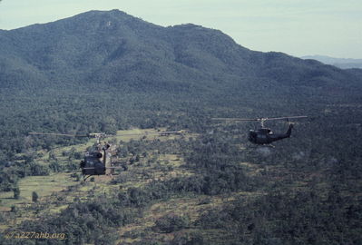 Rockets exploding in treelines left and right
Bob Kelly Photo

A series of nine photos showing the insertion of troops during a Combat Assault
