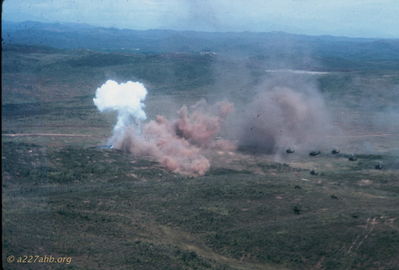 Combat Assault - Phan Thiet AO
Bob Kelly Photo

Great photo of a Combat Assault. Flight of Huey's right center. As I recall the willy peat did not arrive and we made a go around. Photo taken from gun ship.
