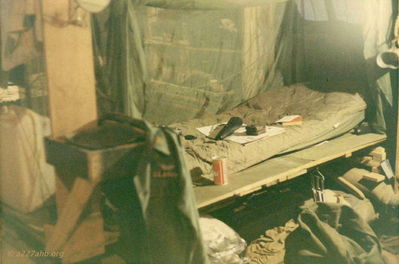 Sleeping Area
John Keller Photo

Typical sleeping area in G. P. Large tent at Phan Thiet, March 1967. Steel Pot and Mirror for indoor shaving!
