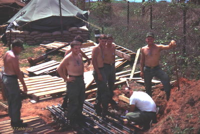 Shower Construction
Jim Puhala Photo

Phan Thiet
Step 2 is building the drainage system.
Left to Right: SFC Best, LT Puhala, SP4 Telford, SP5 Fisk, SP5 Mave, WO Hosmun (kneeling), SP4 Burrows.

