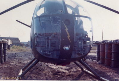 HHC OH-6A 
Bob Witt Photo

Closeup of the HHC OH-6A with "Lightning Bolt" insignia
