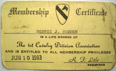  My 1st Cav. Members Card 
Dennis Burden Collection
