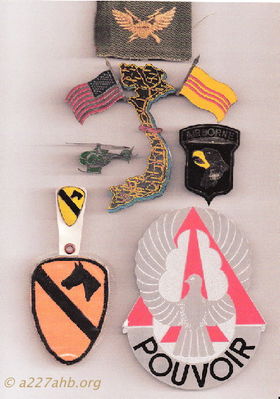 Some more "bring backs".  11th Air Assault badge, 1st Cav.pocket (...) large"POUVOIR" plaque type insignia 
Dennis Burden Collection
