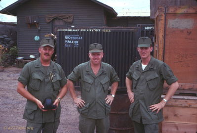 Members of Class 68-28 in country for tour
Wayne Trucke Photo

Left to Right:  Unknown, Lt E.P. Trotter, Lt W.H. Stancil. 

I went to flight school with Trotter and Stancil and we were sent to Vietnam on the same plane. We all went to different units. We arrived in country in December 1968. 
