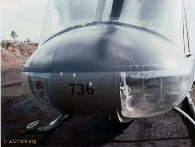 Battle damage repair, Phan Thiet 1967
Joe Zigler Photo

UH-1D  66-16736
Does anyone remember who crewed this aircraft or remember the battle damage?
